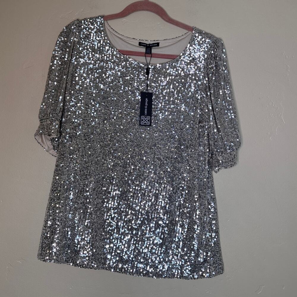 NWT Cable & Gauge Silver Sequin Short-Sleeve Blouse Large